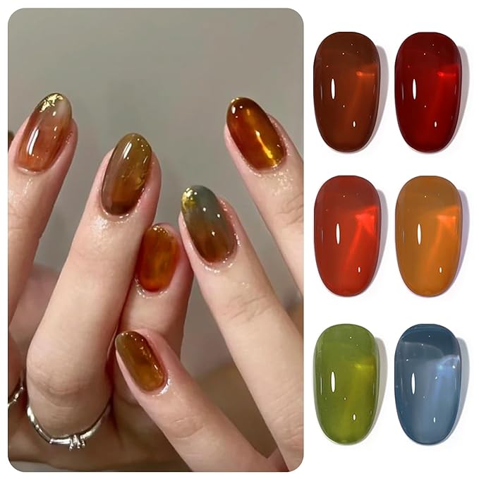 Born Pretty Jelly Gel Nail Polish, Sheer Transparent Crystal Gel Nail Polish, Christmas Brown Red Orange Green Blue Fall Winter Soak off Nail Polish Manicure DIY Home Salon Christmas Gift 7ml 6colors-VivaGrace Women