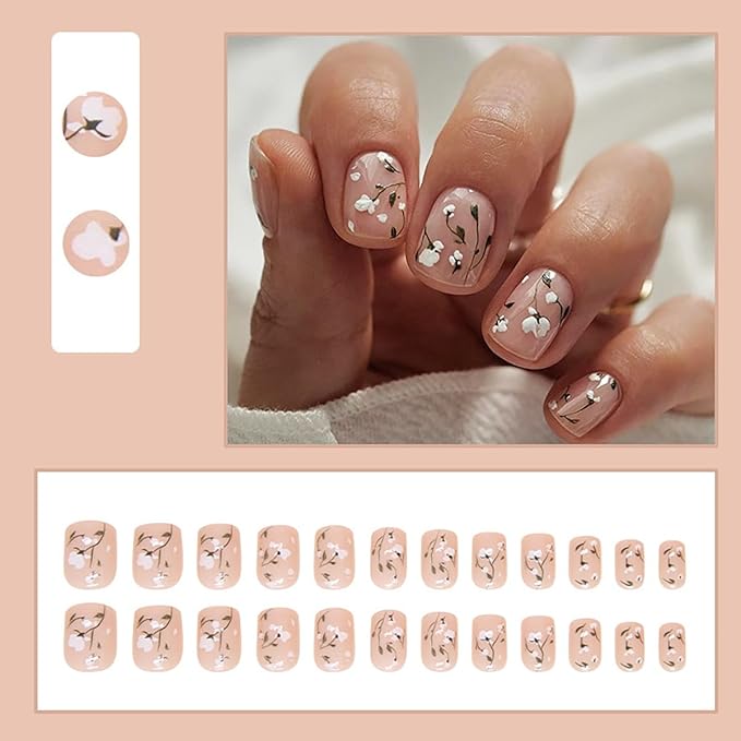 Flower Fake Nails Short Square Press on Nails Cute Acrylic Nails Cotton Flowers Glue on Nails Nude Full Cover Coffin False Nails Glossy Stick on Nails White Floral Nails for Women Manicure 24Pcs