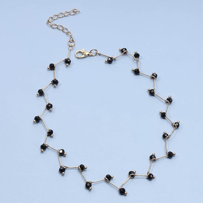 Black Crystal Choker Necklace Short Black Beaded Choker Necklace Silver Chain Necklace Minimalist Necklace Jewelry for Women and Girls-VivaGrace Women