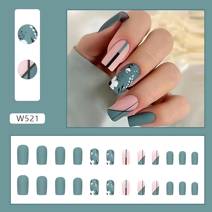 24Pcs Square Press on Nails Medium Fake Nails Summer Stick on Nails Olive Green Color Refreshing False Nails with Flower Designs Cute Acrylic Nails Glue on Nails for Women & Girls