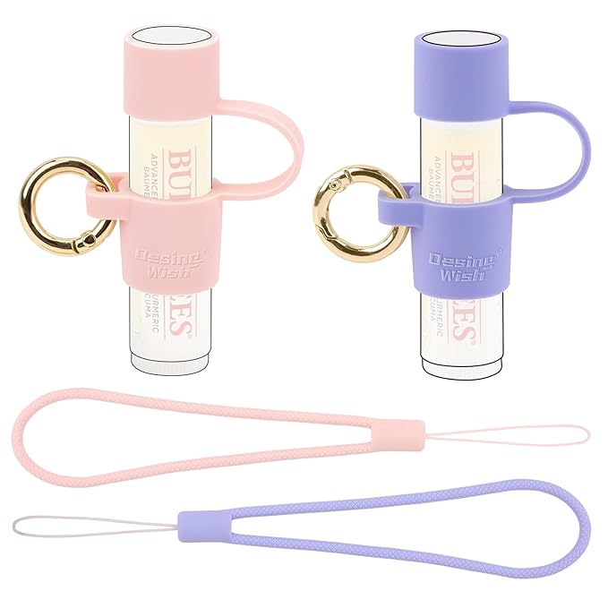 Desing Wish 2 PCS Silicone Lip Balm Holder with Cap Cover Portable Chapstick Holder Keychain Sleeve Lip Balm Key Chain with Key Ring and Wrist Strap Lanyard - Pink/Purple-VivaGrace Women