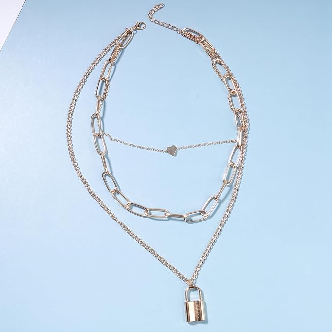 Punk Layered Heart Choker Necklace Gold Lock Pendant Necklace Chunky Paper Clip Chain Necklace Vintage Statement Necklace Chain Jewelry for Women and Girls Gift-VivaGrace Women