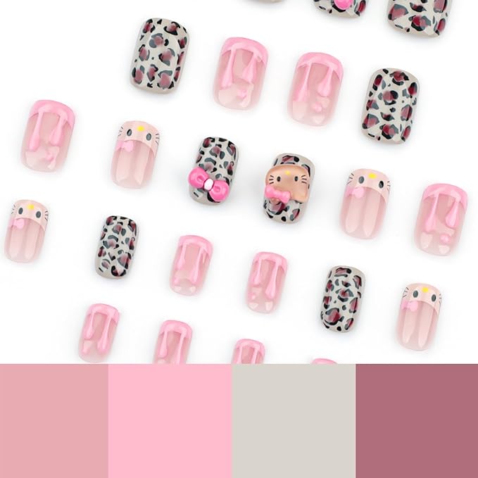 Cute Press on Nails Short Square Fake Nails with 3D French Cute Kawaii Design Leopard Pink Press ons Cartoon Nail Tip Artificial Acrylic Nail Cute False Nails for Women Girls Manicure 24Pcs