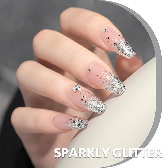GAOY Glitter Gel Nail Polish, 16ml Silver Sparkly Gel Polish, Diamond Shiny Glitter UV Gel for Nail Art, Soak Off Nail Polish Home DIY Manicure, 1348