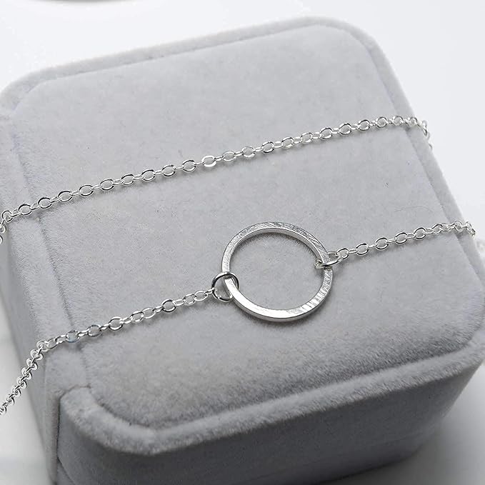 Vertical Bar Circle Necklace Silver Circle Pendant Necklace Boho Long Necklaces Chain Minimalist Geometric Ring Necklace Jewelry for Women and Girls-VivaGrace Women