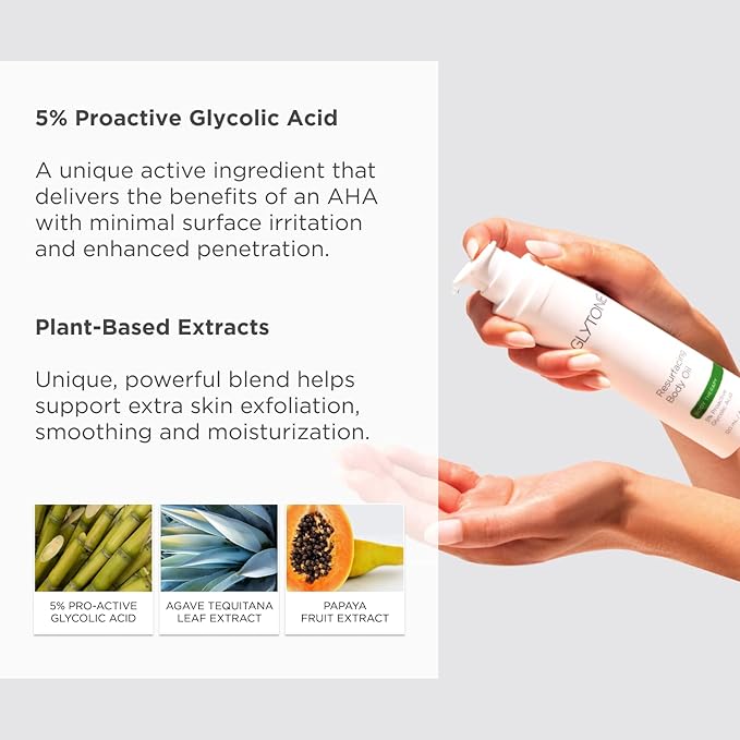 Glytone Resurfacing Body Oil– Nourishing & moisturizing anti aging Body Oil for dry Skin & Keratosis Pilaris –5% Proactive Glycolic Acid After Shower oil for Body–Unscented, Non Toxic 4 Fl oz-VivaGrace Women