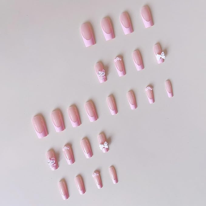 24Pcs French Tip Press on Nails Medium Pink False Nails with Bow Design, Cartoon Cute Nails Press ons Pink Stick on Nails Acrylic Nails Square False Nails for Women