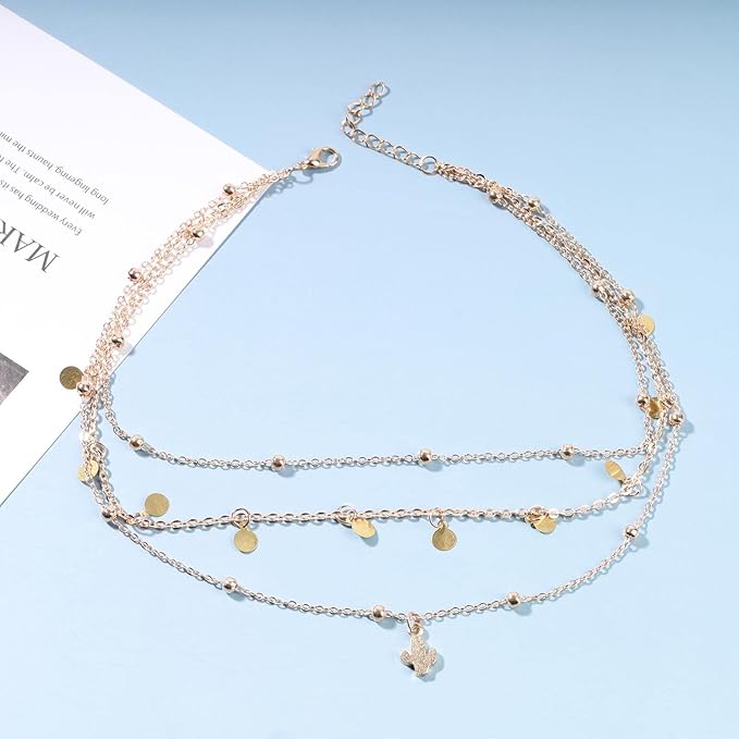 Boho Layered Disc Coin Necklace Choker Gold Cactus Pendant Necklace Stacking Satellite Chain Necklace Vintage Multilayer Necklace Chain Jewelry for Women and Girls Gifts-VivaGrace Women