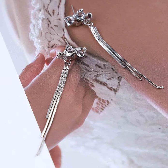 Vintage Crystal Bow Chain Drop Earrings Rhinestone Heart Stud Earrings Silver Long Chain Tassel Earrings Sparkly Cz Bridal Earrings Jewelry for Women-VivaGrace Women