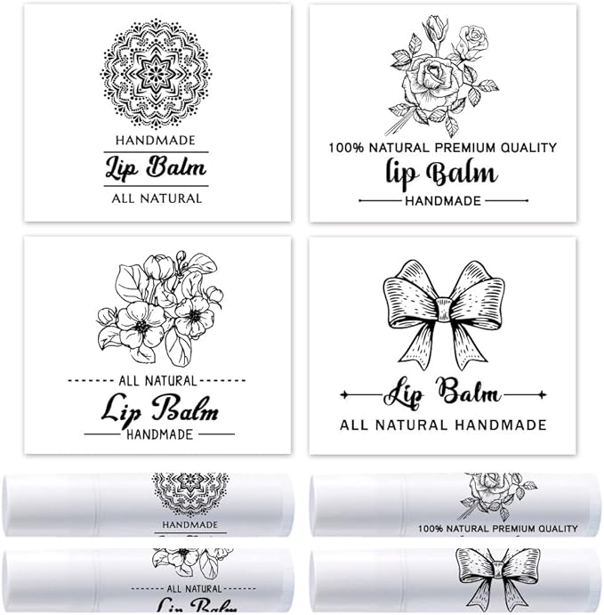 OLYCRAFT 100Pcs Self-Adhesive Lip Balm Tag Stickers 1.7x2.1 inch Adhesive Label with 4 Styles Patterns Rectangle Lipstick Tag Sticker for Lip Balm Container Tubes Lipstick Wrapping Decoration-VivaGrace Women