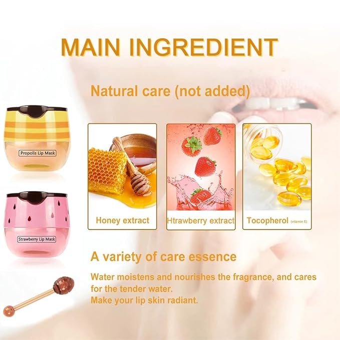 4 PCS Bee Lip Mask Balm Honey Pot, Strawberry & Honey Lip Masks Hydrating Prevention Dry and Cracked Lip Scrubs Exfoliator, Lip Exfoliating Sleeping Lip Mask, Moisturizing Lip Reduces Lip Lines-VivaGrace Women