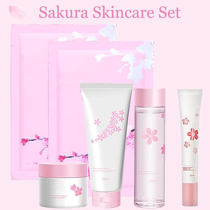 6Pcs Amino Acid Skin Care Products Set, Sakura Skin Care Sets, Nicotinamide Skin Care Gift Set for Women Girls, Skincare Routine Set, Face Care Kit with Cleanser, Mask, Toner, Eye Cream, Moisturizer-VivaGrace Women