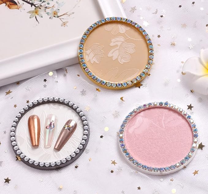 1 Pc Resin Nail Art Palette Nail Art Display Holder Round Inlay Rhinestone Makeup Palette Nail Painting Palette Gel Polish Colors Mixing Pallet (White)-VivaGrace Women