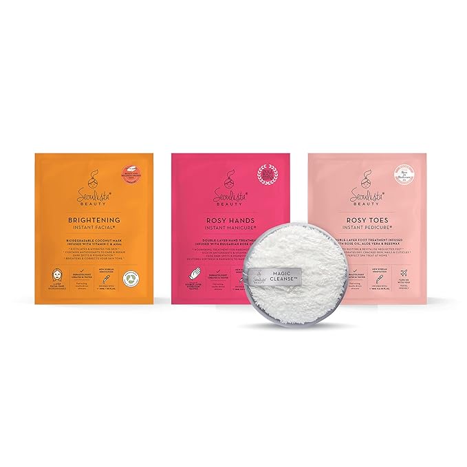 RADIANT Gifting Bundle | BRIGHTENING SHEET MASK | Rosy Toes - Foot Mask Instant Pedciure | Rosy Hands - Hand Mask Instant Manicure| Magic Cleanse™ Eco-friendly Cleansing Tool-VivaGrace Women
