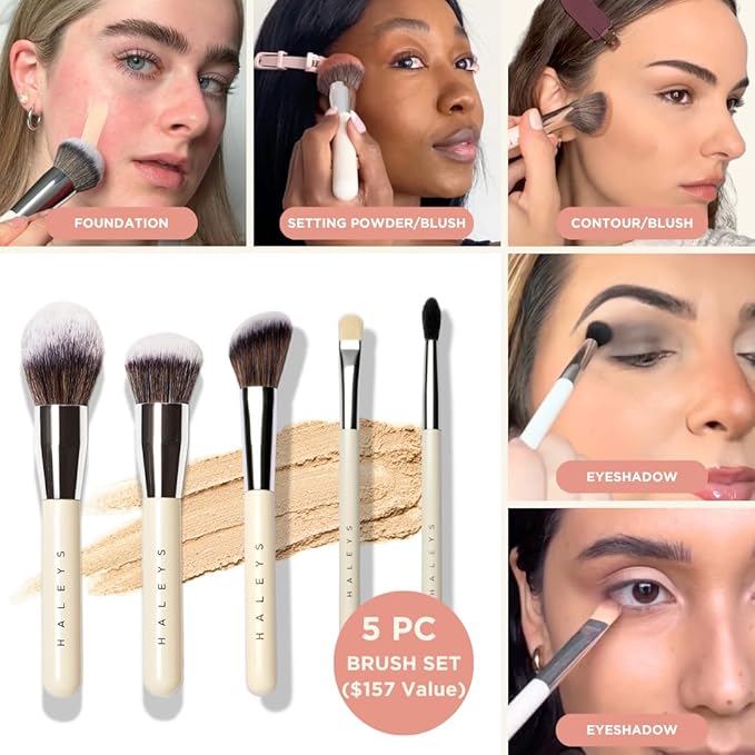 HALEYS Makeup Brush Set 5 pcs: Soft, Streak-free, Perfect Blending, Buff, Blurs and Smooth, Premium Luxury Vegan Bristles, For Liquid, Cream or Powder, Vegan, Cruelty-free, Sustainable Wood-VivaGrace Women