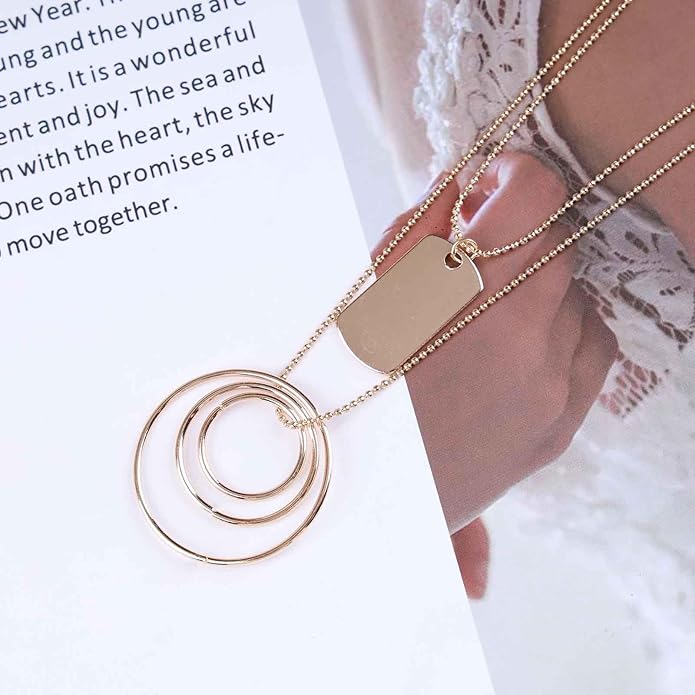 Vintage Layered Square Pendant Necklace Multi Circle Necklace Gold Square Choker Necklace Layer Circle Necklace Jewelry for Women-VivaGrace Women