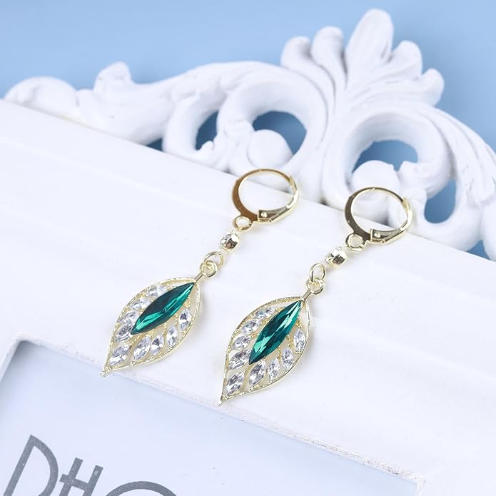 Vintage Crystal Emerald Leaf Dangle Earrings Green Rhinestone Leaf Drop Earrings Green Cz Leaf Earrings Crystal Leaf Hoop Earrings Jewelry for Women-VivaGrace Women