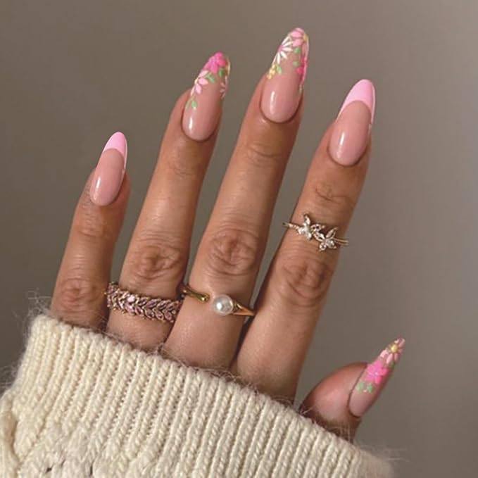 Pink French tips Press on Nails Medium Almond Fake Nails with Design Pink Flower Glue on Nails Glossy Daisy Spring Nails Reusable Summer False Nails for Women Girls Manicure 24pcs