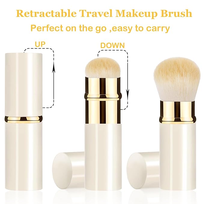 Makeup Brush, Retractable 2 Pack Travel Kabuki Powder Makeup Brush, Foundation Face Blush Brushes for Blending Liquid, Blush, Bronzer, Buffing, Sunscreen,Flawless Cosmetics-VivaGrace Women