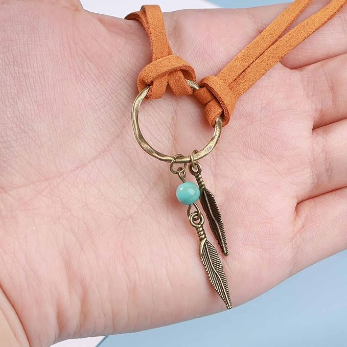 Boho Layered Suede Choker Necklace Tiny Leaf Pendant Necklace Chain Brown O Ring Leather Choker Necklace Turquoise Bead Necklace Chain Jewelry for Women and Girls-VivaGrace Women