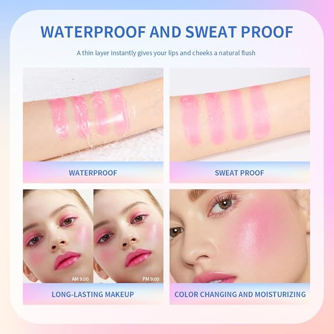 Color Change Blush Clear Liquid Blush Cream Moisturizing Blusher Halo dyeing naturally Blush Rouge Multi-use Makeup Cream For Cheeks Face Lips Waterproof Blush Gel Lip Oil (#1)-VivaGrace Women