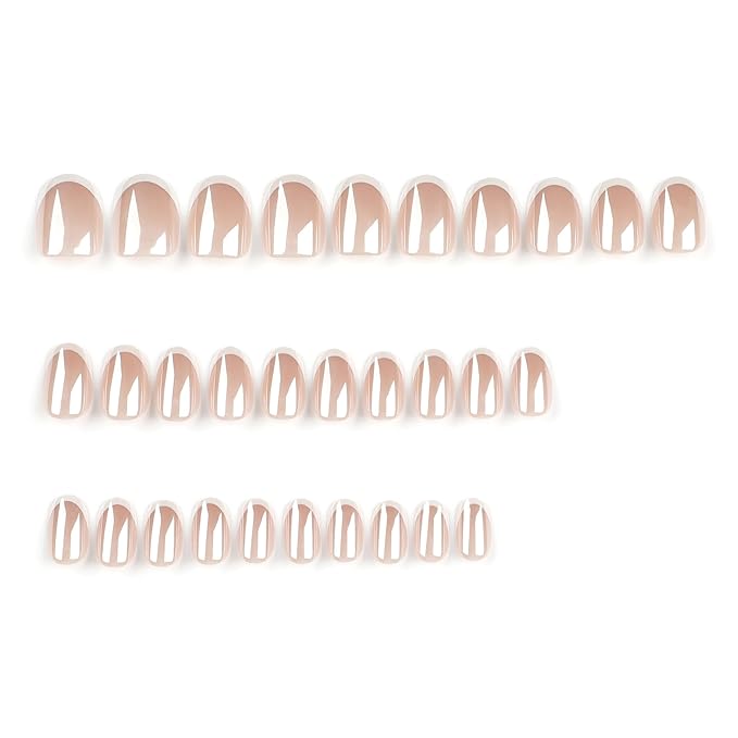 French Tip Chrome Press On Nails Short Ovale 30 Pcs, Designer Reusable Glazed Acrylic Fake Nails with Glue, Glossy Soft Gel Nails Wedding and Party, Stick On Glue On Nails, Nails for Women