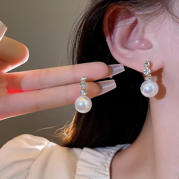 Vintage Rhinestone Pearl Drop Earrings Gold Pearl Dangle Earrings Crystal Stud Earrings Sparkly Cz Pearl Earrings Jewelry for Women-VivaGrace Women