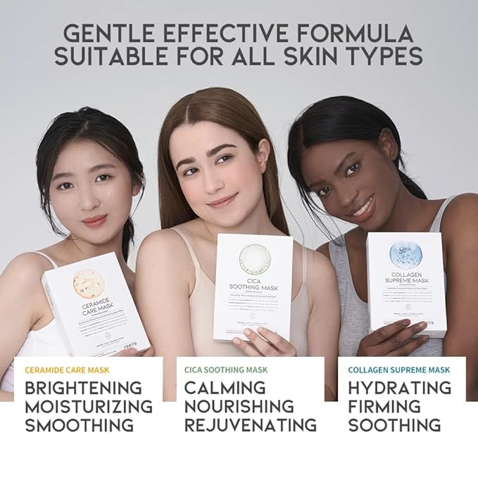 Hydrating Soothing Sheet Masks Gift Set for Skincare, Korean Vegan Sheet Mask for Dry, Sensitive Skin, Calming, Smoothing, Brightening, Collagen, Ceramide, Cica, Hyaluronic Acid 30EA