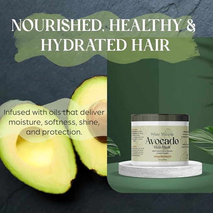 White Naturals Avocado Hair Mask Infused with Biotin for Growth and Volume, Deep Conditioning Cream for Healthy Hydrated Thick Hair, Nourishing Avocado Oil Cream to Help Restore Damaged Tips-VivaGrace Women