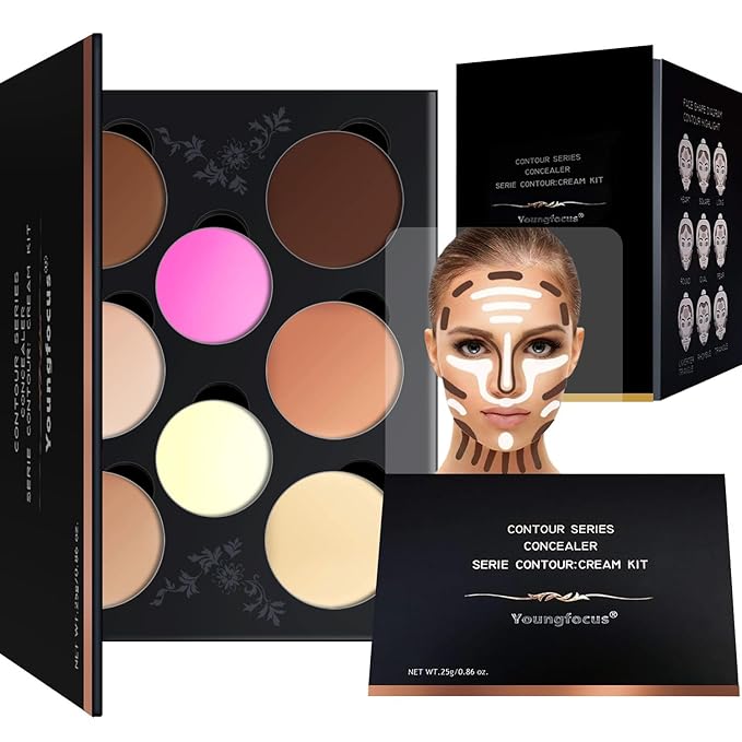 Youngfocus Cosmetics Cream Contour Best 8 Colors Contouring Foundation - Highlighting Makeup Kit/Concealer Palette - Vegan, Cruelty Free and Hypoallergenic - Instruction Manual(Deep Pink)