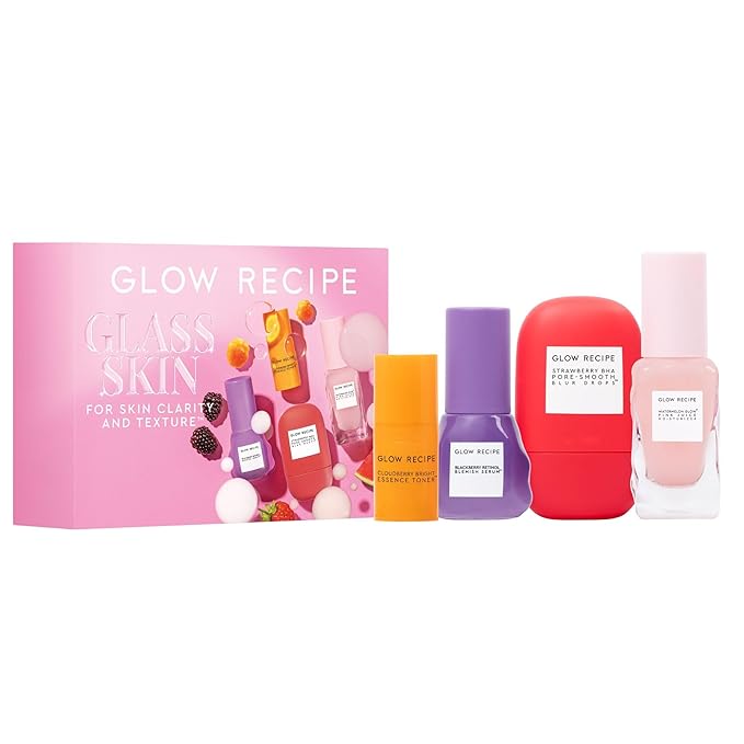 Glow Recipe Glass Skin Hydration Travel Size Korean Skincare Set - Includes Mini Cloudberry Facial Toner, Strawberry Blur Drops, Blackberry Retinol Serum & Pink Juice Moisturizer (4 Count)-VivaGrace Women