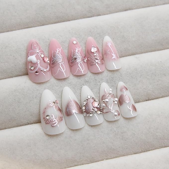 24Pcs Pink Bow Press on Nails Medium Almond Fake Nails with Silver Heart Rhinestones Design Glitter False Nails White Full Cover Artificial Glue on Nails Handmade Stick on Nails for Women Acrylic Nail