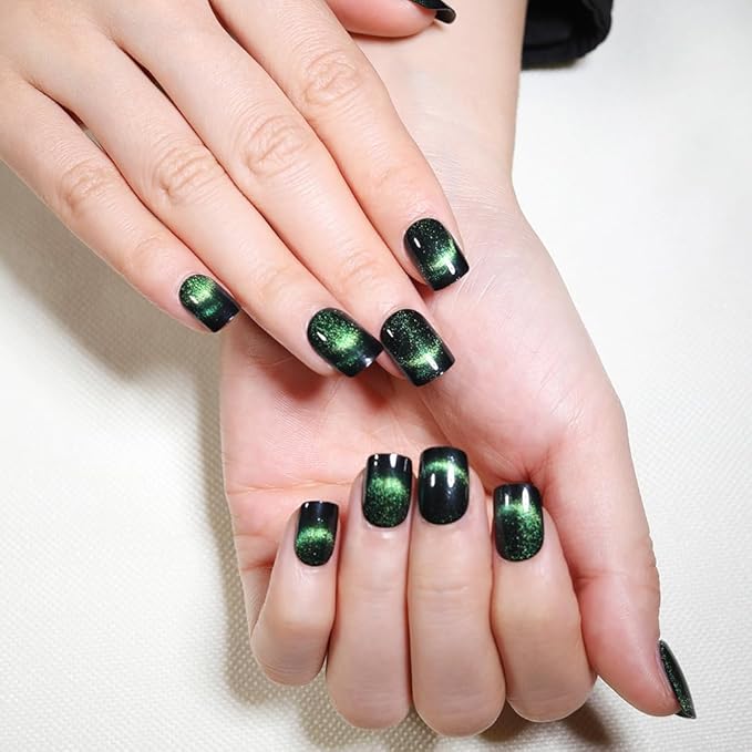 Green Press On Nails Short Square,Cat Eye Fake Nails,Defined Smile Line Design with a Radiant Gloss Effect, Glossy Gel Finish Acrylic Short Press On Nails, Thick Reusable Glue On Nails for Women