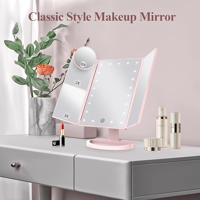 HUONUL Makeup Mirror Vanity with Lights, 2X 3X 10X Magnification, Lighted Mirror, Touch Control, Trifold Dual Power Supply, Portable LED Women Gift (Pink)-VivaGrace Women