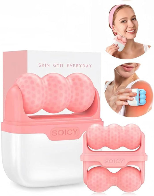 Ice Roller for Face with Gua Sha, Travel ice Roller Cold Therapy Tools, Cold Facial Ice Roller Massager for Eye Puffiness, Migraine, TMJ Pain Relief & Minor Injury (Pink)-VivaGrace Women