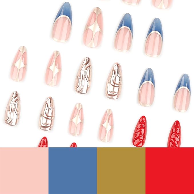 Press on Nails Medium Almond Fake Nails with 3D Swirl Designs Glossy Glue on Nails Gold Glitter Acrylic Nails Luxury Artificial False Nails for Women