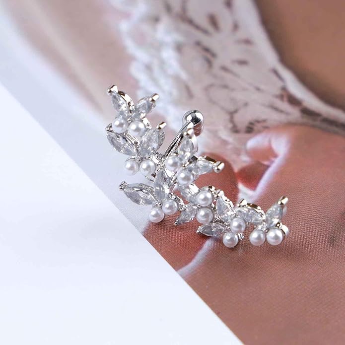 Vintage Crystal Pearl Ear Cuff Earrings Rhinestone Butterfly Cuff Wrap Earrings Cz Butterfly Ear Climber Cuff Earrings Silver Pearl Cz Non Piercing Earring Jewelry for Women(Left)-VivaGrace Women