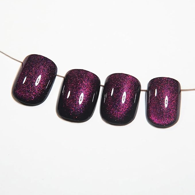 Dark Purple Press on Nails Short Square, Cat Eye Press on Nails, Fashion Gel Fake Nails, Reusable Acrylic Fake Nails, Glossy Stick on Nails for Women Girls Gift, Glue on Nails Kit, 24Pcs