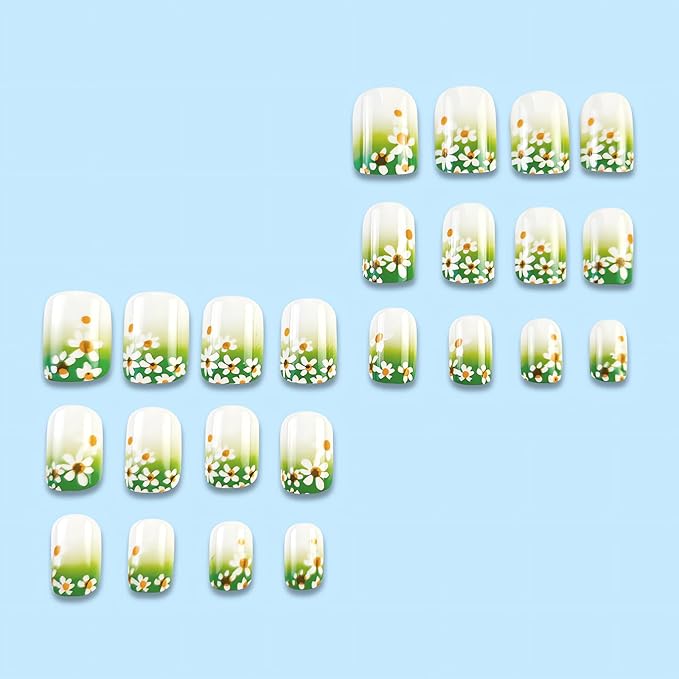 Small Flower Press on Nails Short Square Fake Nails Full Cover White Daisy Gradient Green Glue on Nails Short Spring Summer Stick on Nails Glossy Acrylic False Nails Glue on Nails for Women