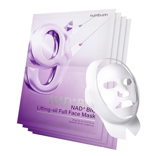 numbuzin No.9 Sheet Mask | NAD+ BIO Lifting-sil Full Face Mask | Improves Jawline, Jowls, Wrinkles, Neck Lines | Peptides, NAD+, Collagen | Skin Firmness | 4 Sheets + Lifting Band-VivaGrace Women