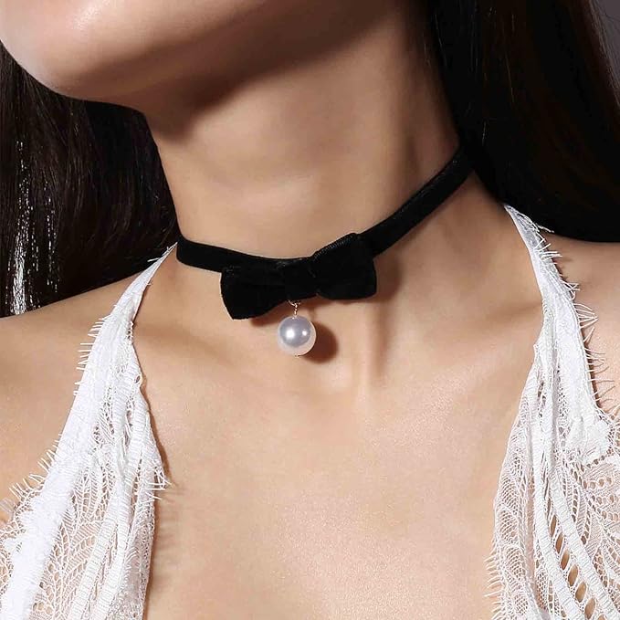 Vintage Satin Choker Necklace Pearl Pendant Necklace Black Bow Necklace Punk Leather Collar Necklace Chain Jewelry for Women and Girls-VivaGrace Women