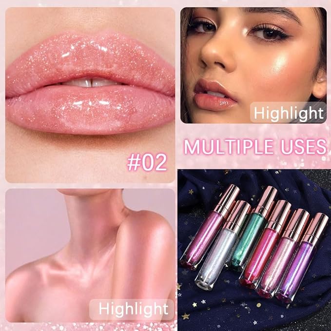 GECOMO Colorful Explosive Pearlescent Lip Gloss 3D Multifunctional Fine Glitter Chameleon Lip Gloss Polarized Diamond Makeup, Magic Big Brush Color Changing Lip Oil(102# GOLD GLITTER)-VivaGrace Women
