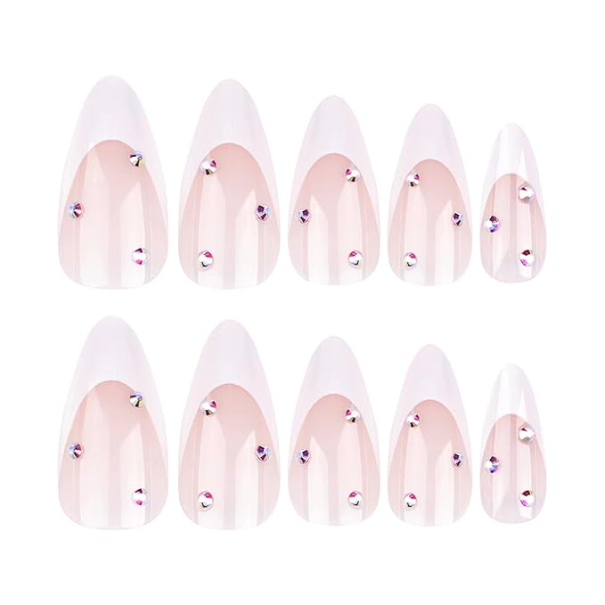White French Tip Press on Nails Medium Glue on Nails Almond with Rhinestone Designs Glossy False Nails Nude Reusable Acrylic Stick on Nails for Women Girls Manicure Gift 24pcs