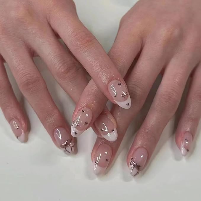 Press-On Nails - Medium Almond French Tip Nude Glossy Artificial Acrylic Nails with Silver Heart Design - 24 Pcs