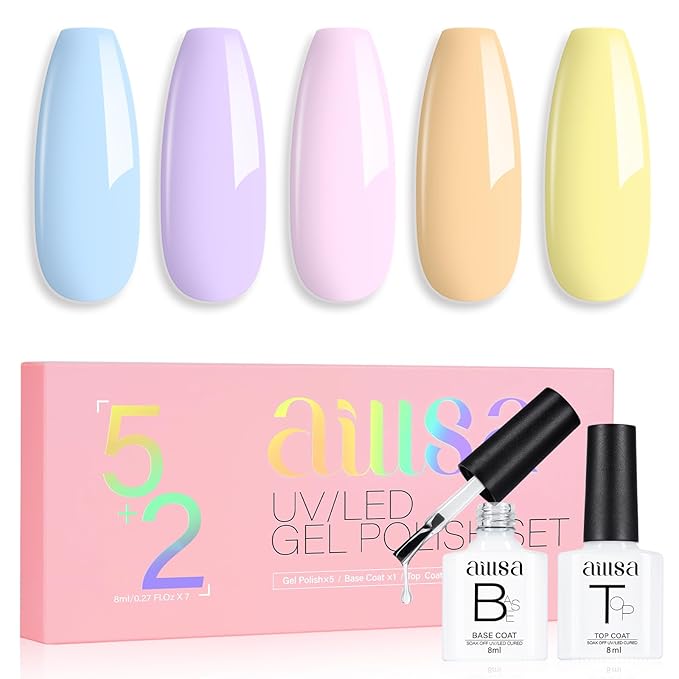 AILLSA Blue Gel Nail Polish Set Baby Blue Pastel Purple Yellow Macaron Gel Polish with Base and Top Coat, Long Lasting Summer Spring Color Soak Off U V L ED Manicure Art Salon DIY at Home 7Pcs 8ML