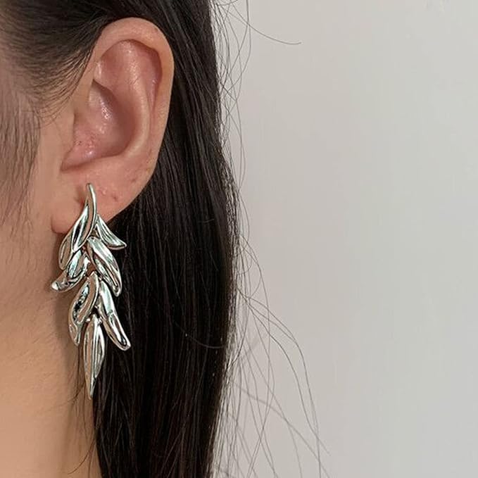 Statement Leaf Dangle Drop Earrings Vintage Silver Leaf Cluster Drop Earrings Punk Large Leaf Dangle Earrings Bridal Earring Wedding Prom Earring Jewelry for Women and Girls-VivaGrace Women