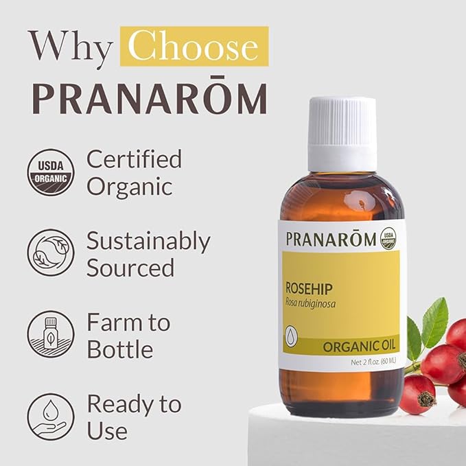 Pranarom - USDA Certified Organic Cold-Pressed Rosehip Virgin Plant Oil - 2 fl oz Glass Bottle - for Anti-Aging, Helps Acne Scar, Massaging, Face, Hair & Skin, Unisex-VivaGrace Women