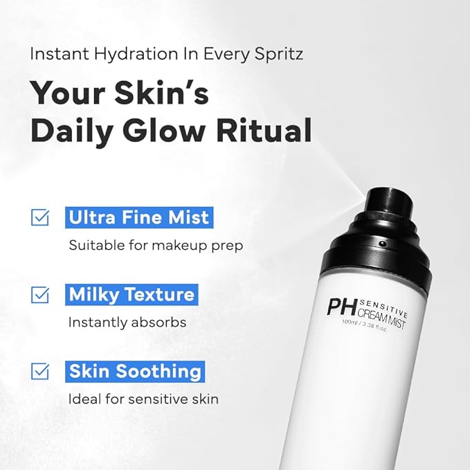 SAM'U PH Sensitive Cream Mist, Centella Face Mist, Hypoallergenic Facial Spray with Hyaluronic Acid & Ceramide, Hydrating & Quick Absorbing, Korean Skin Care for Dry & Sensitive Skin, 3.38 Fl. Oz