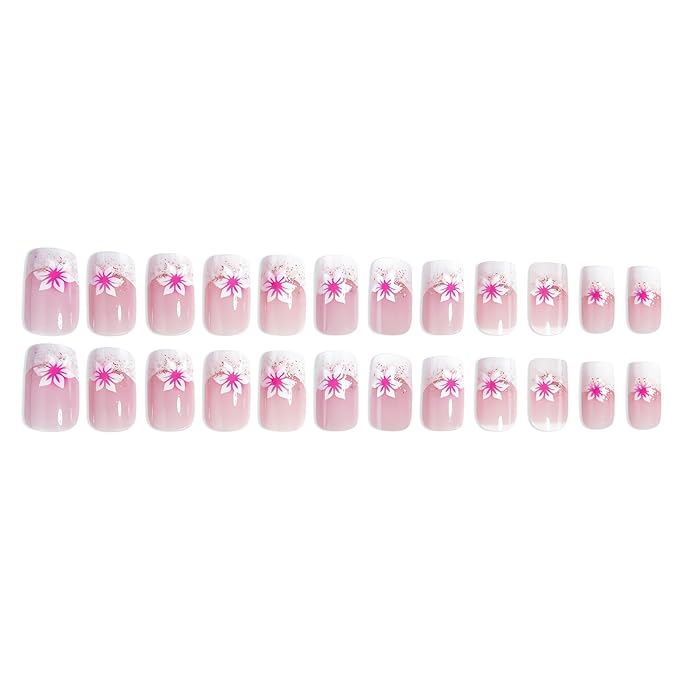 Cute Flower Press On Nails - Medium Pink, White French Tip, Square Shape, Glossy Pink, Short Artificial Nails for Women