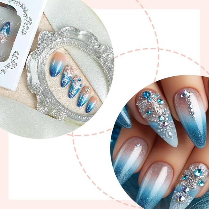 Rhinestone Press on Nails Medium Almond Fake Nails Blue Ombre False Nails with Design Stiletto Glue on Nails Glossy Acrylic Nail Full Cover Stick on Nails for Women Girls Manicure 24Pcs